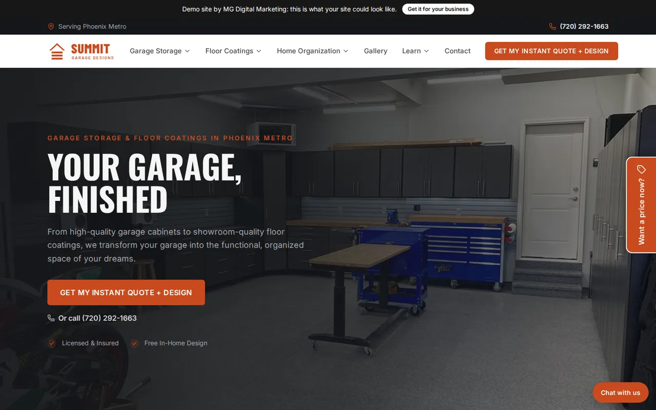 Homepage of Summit Garage Designs' demo garage site: the menu with Garage Storage, Floor Coatings and a Get My Instant Quote + Design button, over the headline Your Garage, Finished.