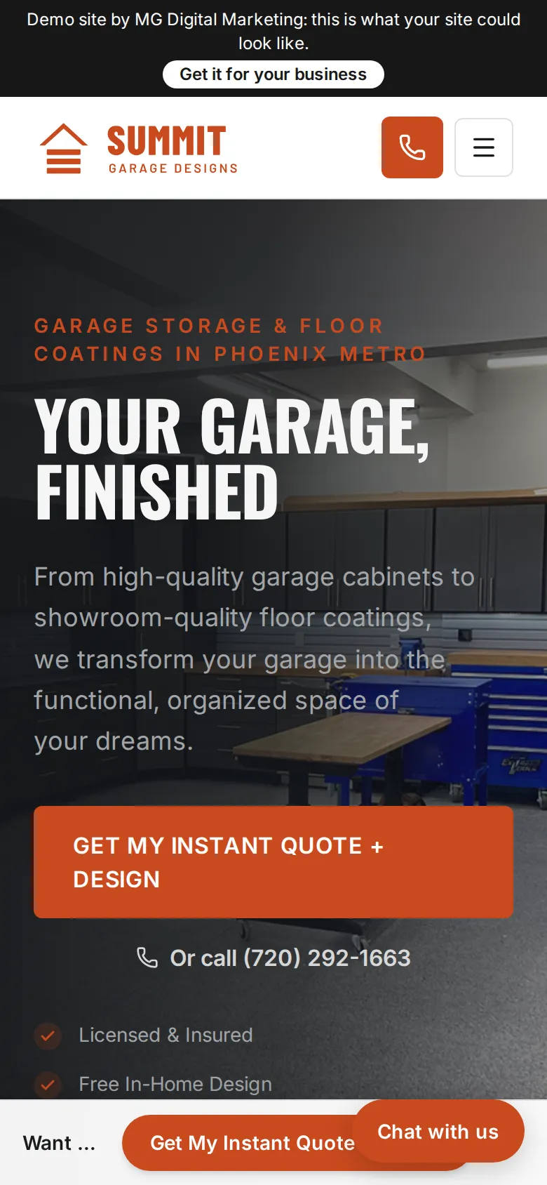 The same demo garage site on a phone: the headline Your Garage, Finished and the instant quote button.